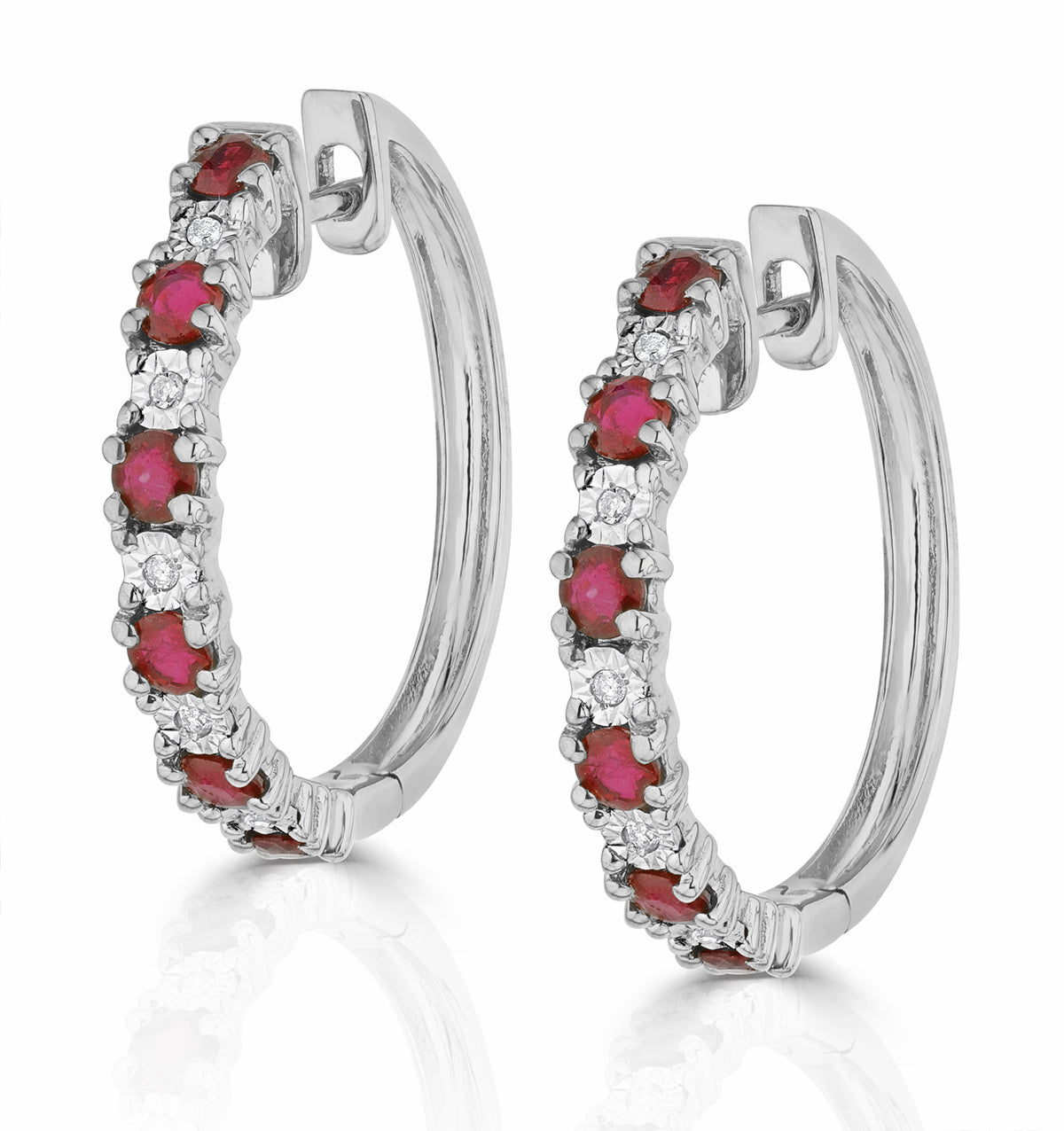 Ruby and Lab Diamond Hoop Earrings Stellato Collection in 925 Silver